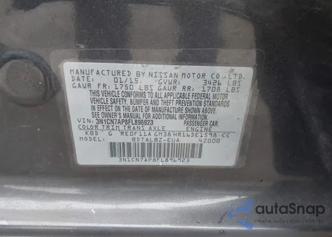 2015 Nissan Versa 1.6 S/1.6 S+/1.6 Sl/1.6 Sv из США, поврежденный, VIN 3N1CN7AP8FL896923